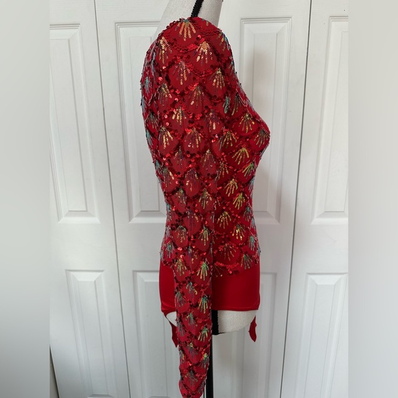 Red Sequin One Shoulder Bodysuit Top Size S NWOT - Picture 4 of 5